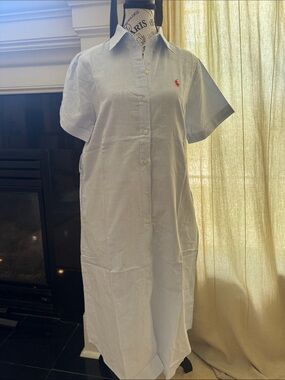 Ralph Lauren Light Blue and White Striped Short-Sleeve Shirt Dress with Red Pony